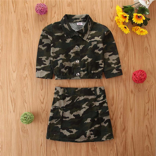 2 Piece Girls Camo Jacket and Cargo Skirt Set