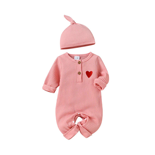 Baby Girl Heart Embroidered Jumpsuits With Matching Hat