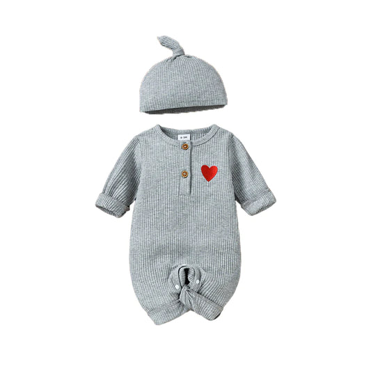 Baby Boy Heart Embroidered Jumpsuits With Matching Hat