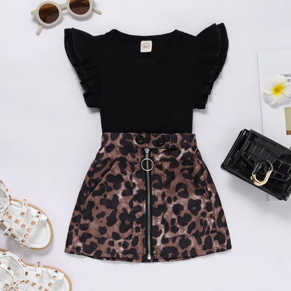 2 Piece Girls T-Shirt And Leopard Skirt Set